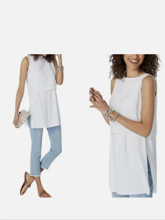 NWT J. Jill Layered Eyelet Tunic Tank White - S - Picture 2 of 3